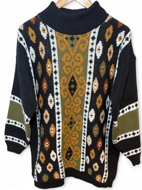Vintage 80s Clifton Place Southwestern Mock Neck Knit Sweater Dress USA Made M/L